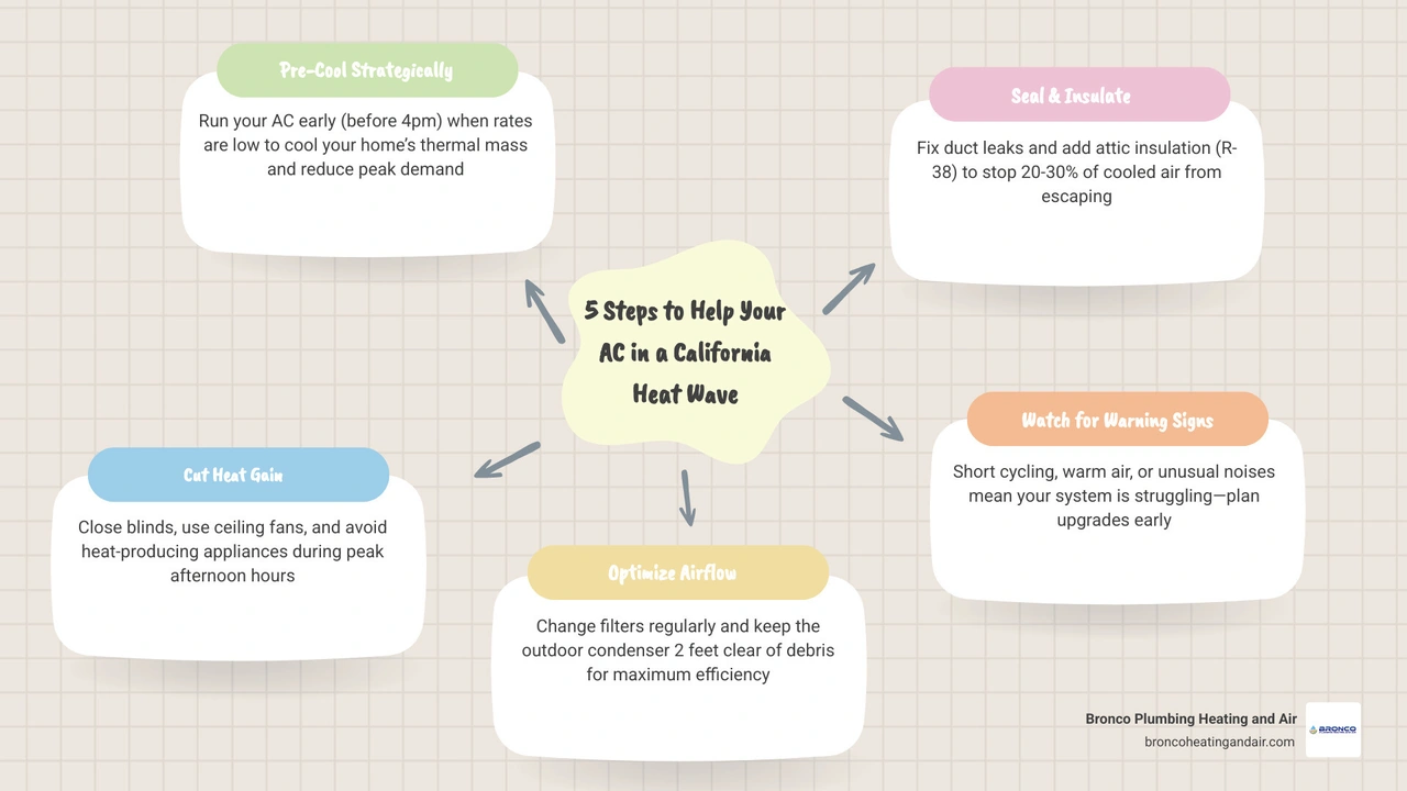Infographic showing the 20-degree AC rule, 5 steps to help your AC during a California heat wave, and peak hour energy tips