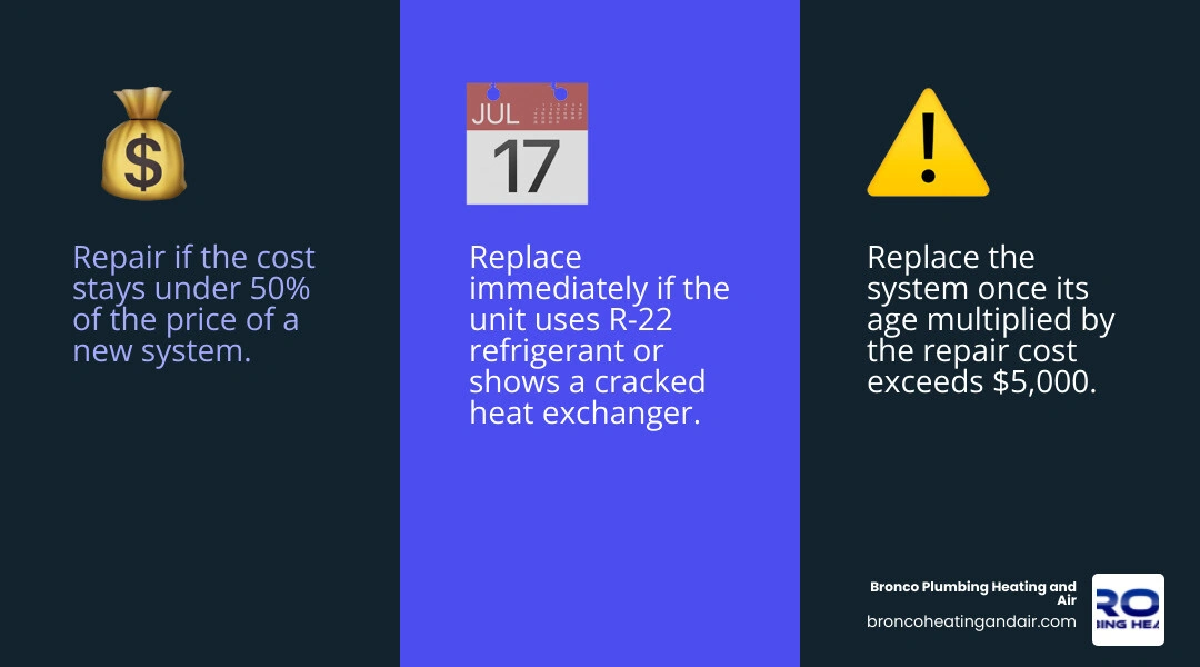 HVAC repair vs replacement decision matrix infographic showing age, cost, and key factors infographic HVAC repair vs replacement decision matrix infographic showing age, cost, and key factors infographic