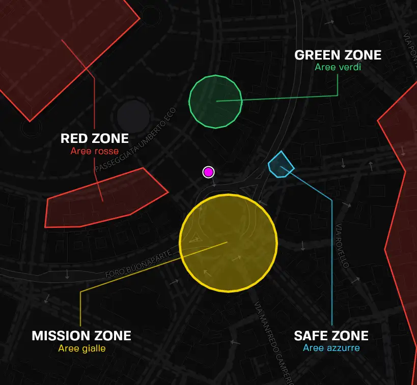 Mappa di gioco di GAME ZERO nel centro di Milano: le aree verdi, rosse, gialle e azzurre con la loro legenda.