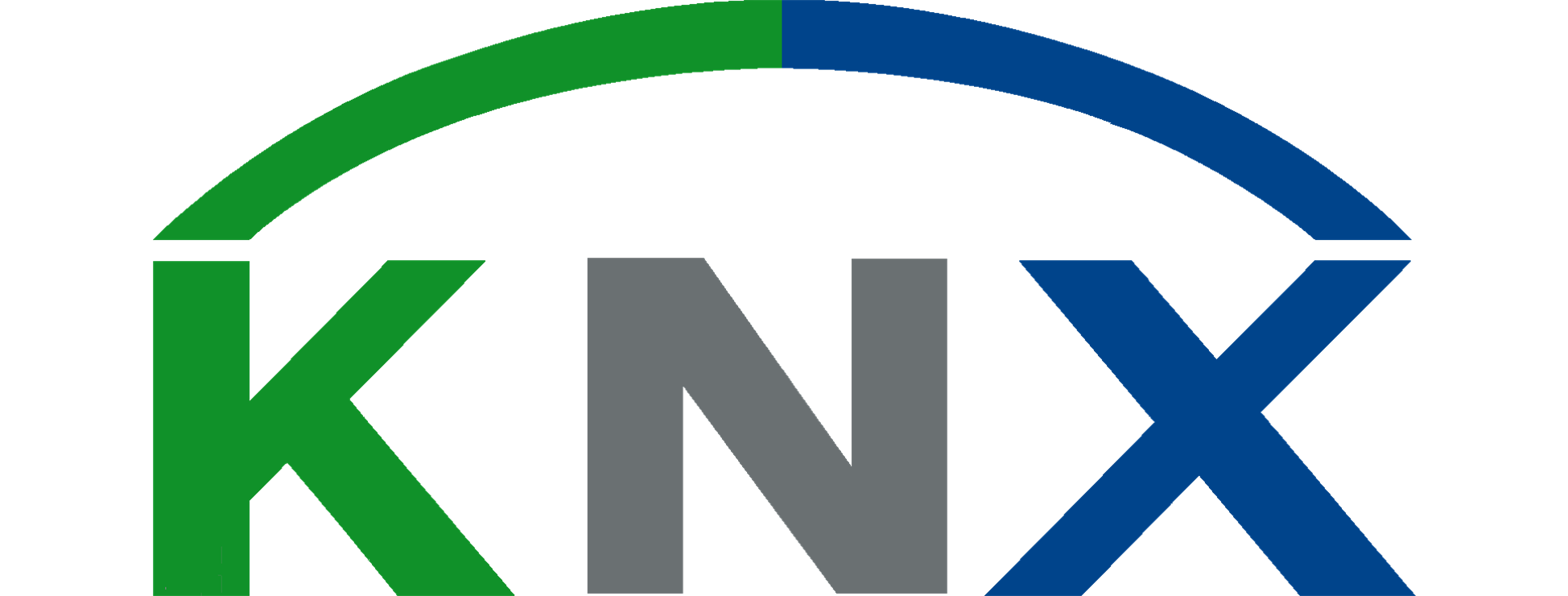 KNX Logo mit einem halbkreisförmigen Bogen, grün über dem K und blau über dem X.