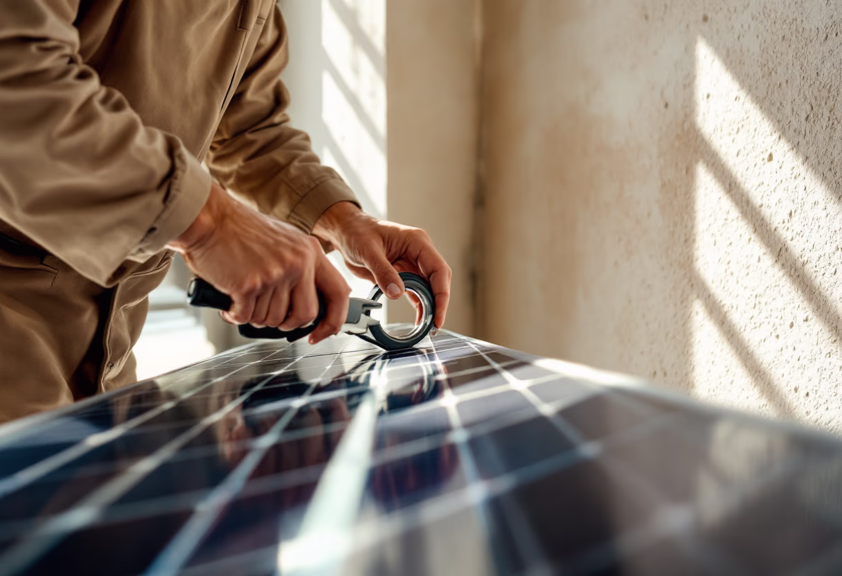 image of a technician installing solar panels
