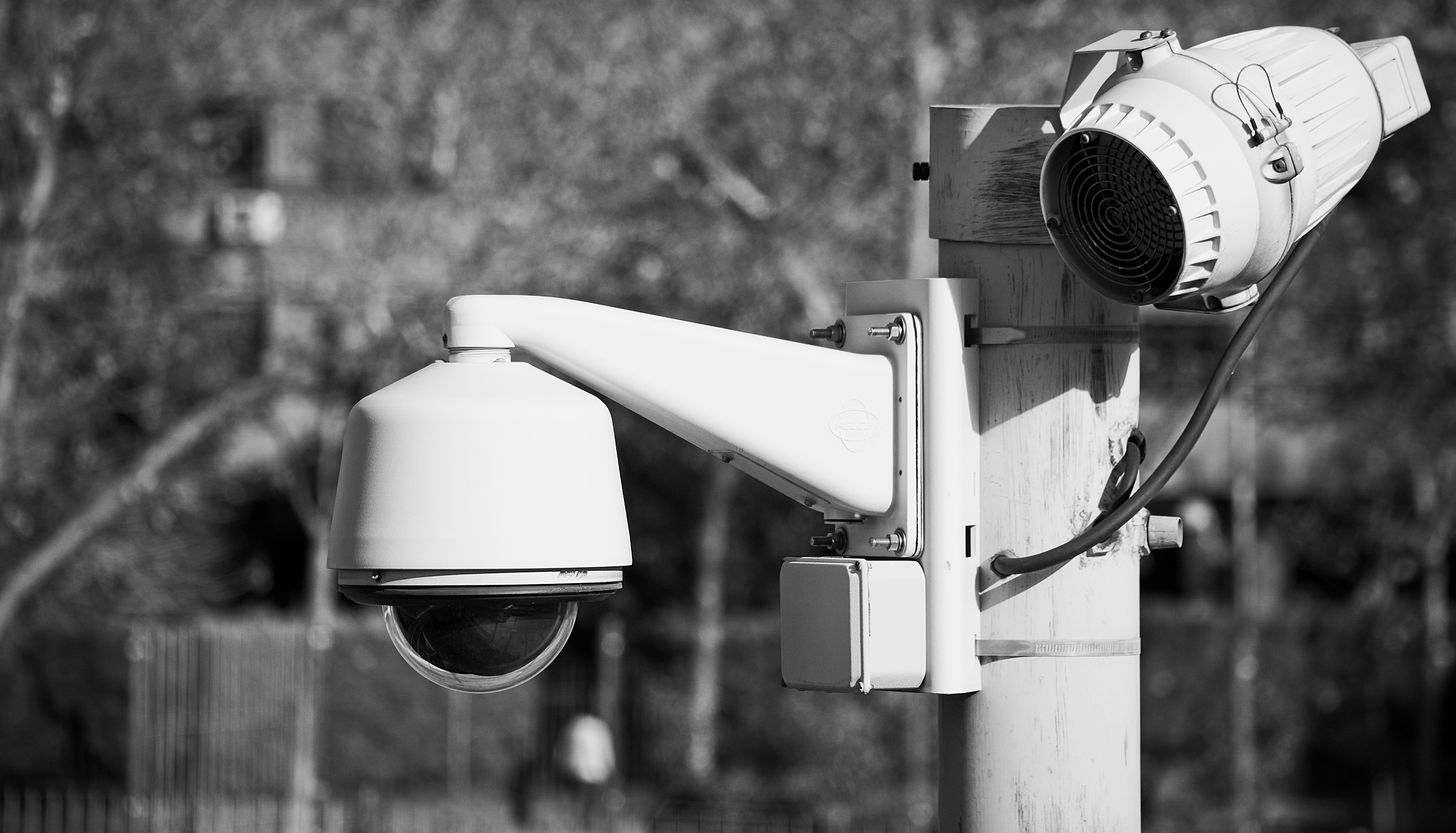Close-up of a mounted dome security camera and a cylindrical speaker attached to a pole outdoors.