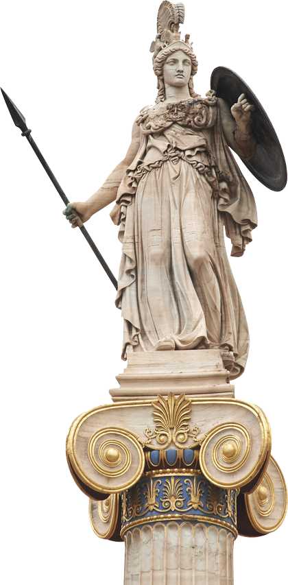 A statue of Athena poised on an ionic pillar, holding a spear and shield.