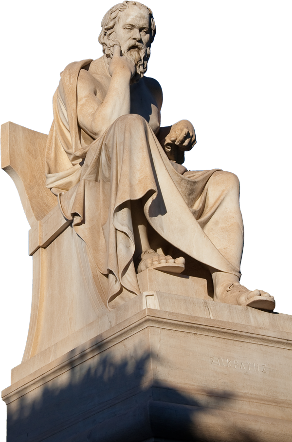 The statue of Socrates, poised in thinking.