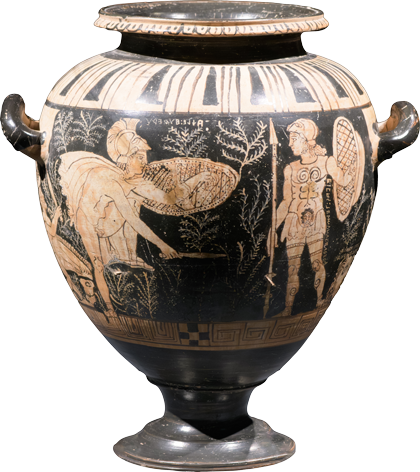 An ancient Greek water jar with ornately drawn figures.