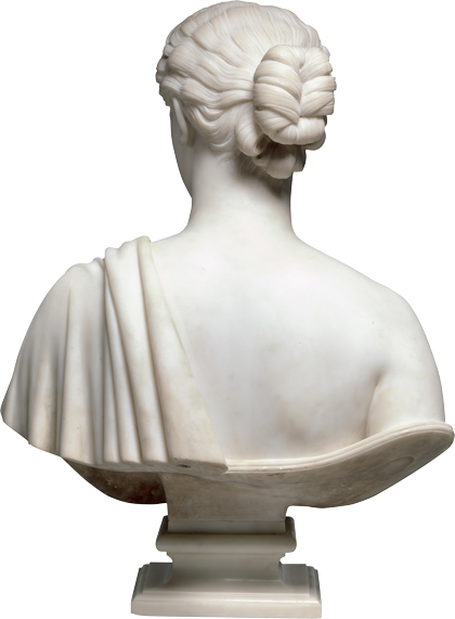 A marble bust of a woman from behind, showcasing intricately carved cloth and a twisted hair bun.