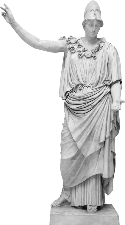 A marble statue of Athena, lifting an arm and reaching out with her left hand.
