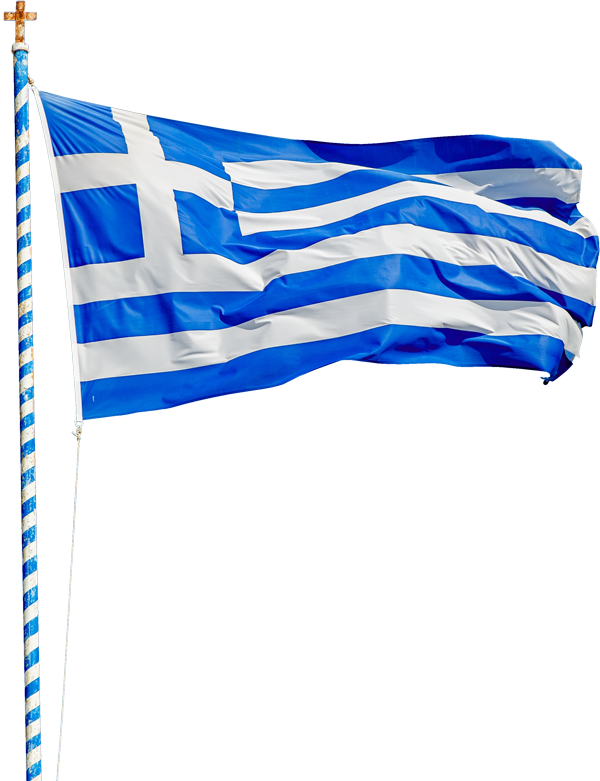 The Greek flag waving in the wind from a flag post.