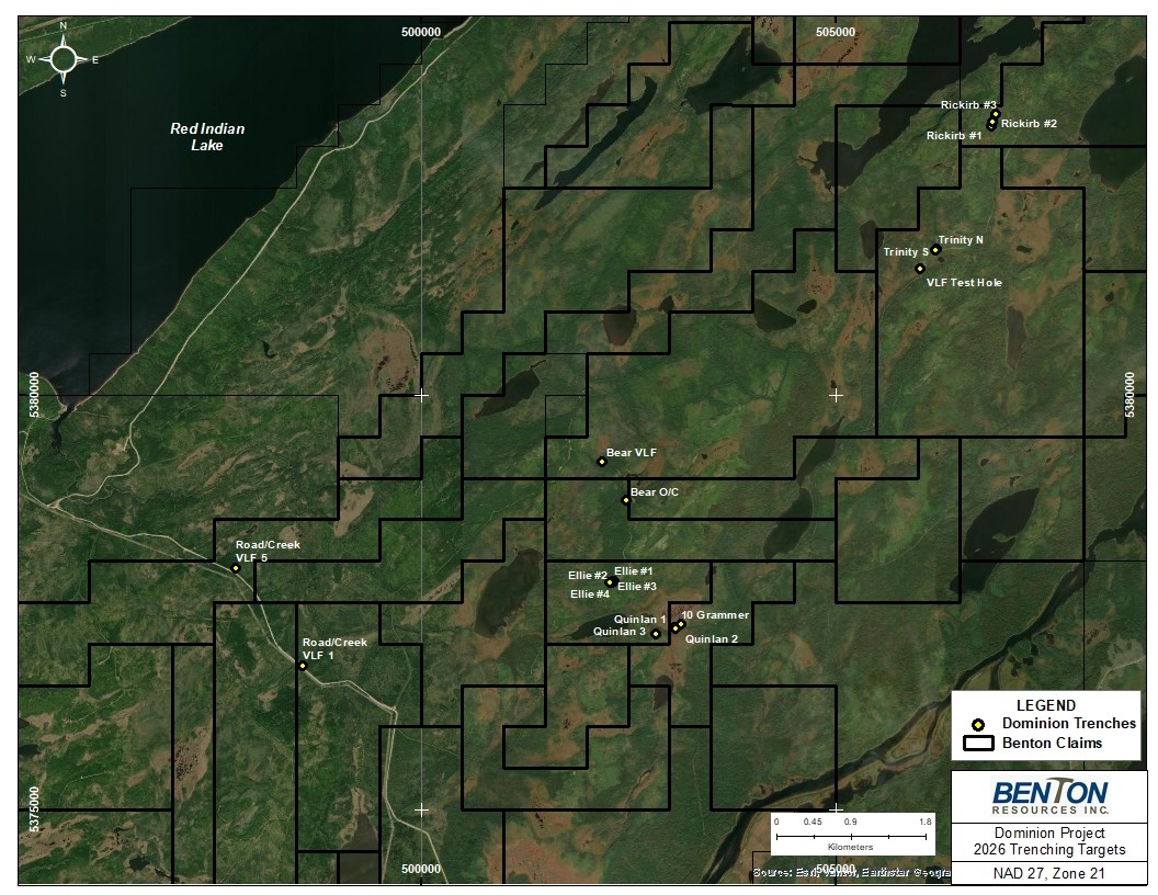 Dominion Property map showing 2026 trenching targets at Quinlan, Ellie, Rickirb, Trinity and Bear zones and Benton mineral claims in Newfoundland.