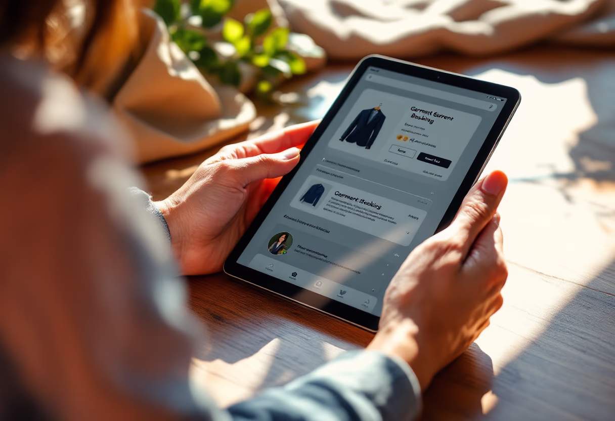 image of hands on an appointment booking on a tablet (for a garment care service)
