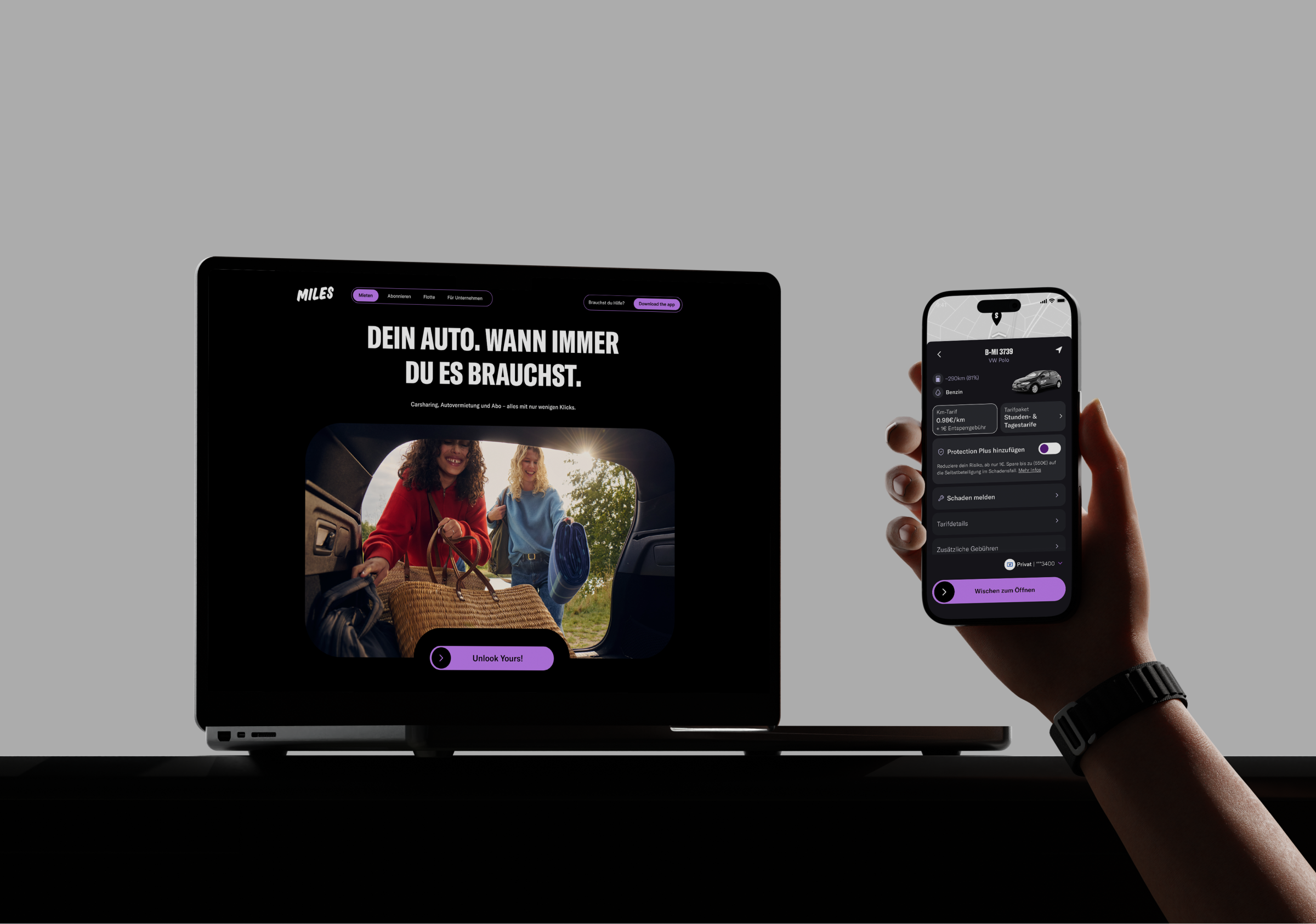 MILES Website und App im Laptop- und Smartphone-Mockup