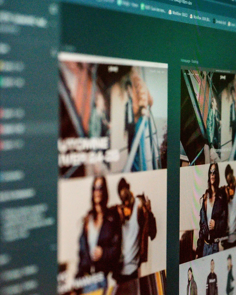 Capture d'écran floue d'un écran d'ordinateur affichant une interface de design web avec plusieurs images de personnes.