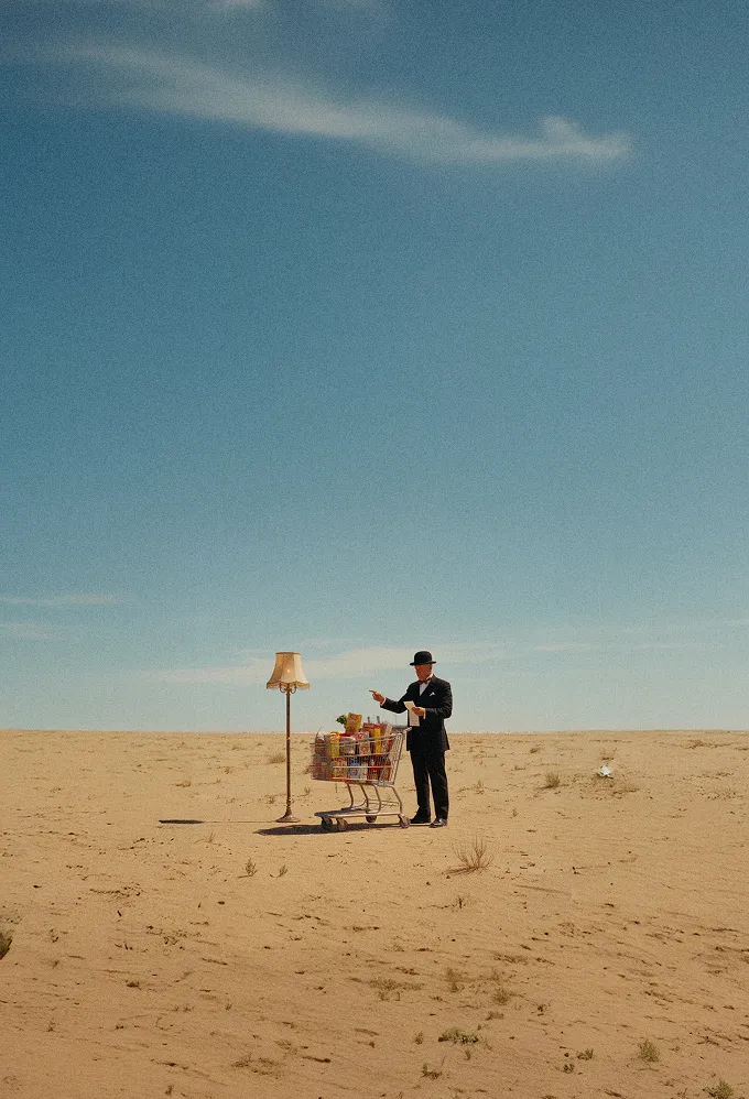 Un homme en costume noir et chapeau melon se tient dans un désert à côté d'un chariot rempli d'épicerie et d'une lampe sur pied vintage.