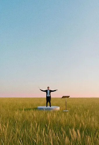 Un chef d'orchestre debout sur un podium dans un grand champ, dirigeant avec une baguette sous un ciel dégagé.