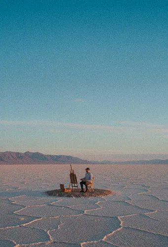 Un homme assis sur une chaise peignant sur un chevalet dans un désert salé avec des montagnes en arrière-plan.