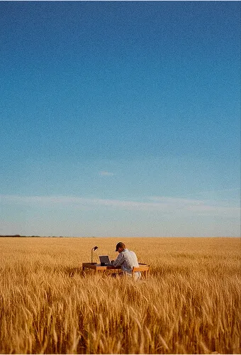 Une personne travaillant sur un ordinateur portable à une table dans un champ de blé sous un ciel bleu clair.