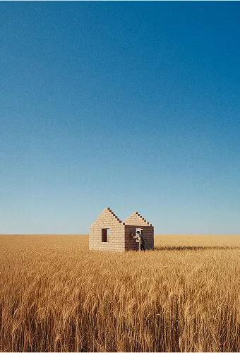 Personne construisant une petite maison en briques au milieu d'un champ de blé sous un ciel bleu clair.