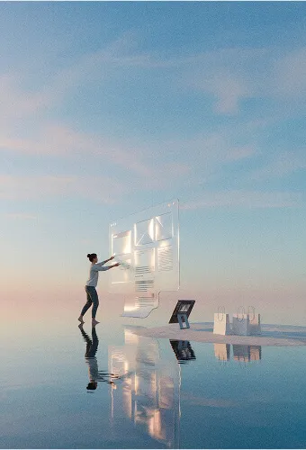 Personne interagissant avec un grand écran holographique transparent dans un paysage minimaliste avec reflet au sol.