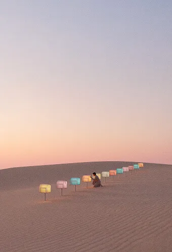 Personne agenouillée dans un désert avec une rangée de lampes colorées éclairant le sol au coucher du soleil.