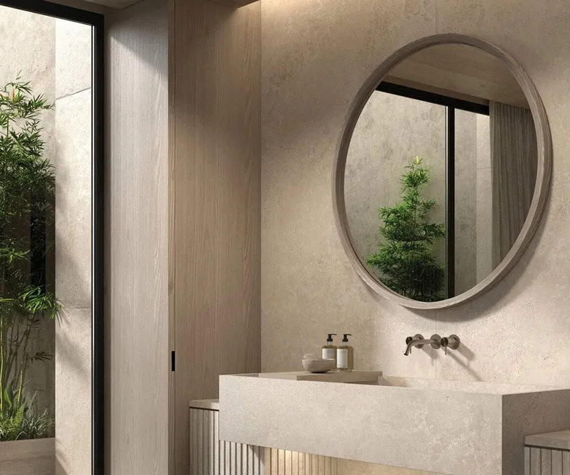 Salle de bain moderne avec un grand miroir rond reflétant une plante verte et un lavabo beige avec des distributeurs de savon.