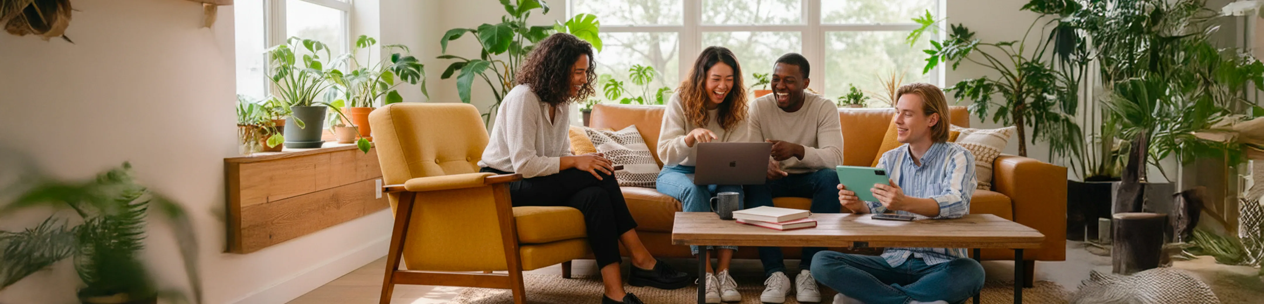 Quatre personnes assises dans un salon lumineux avec des plantes, utilisant un ordinateur portable et une tablette en souriant.