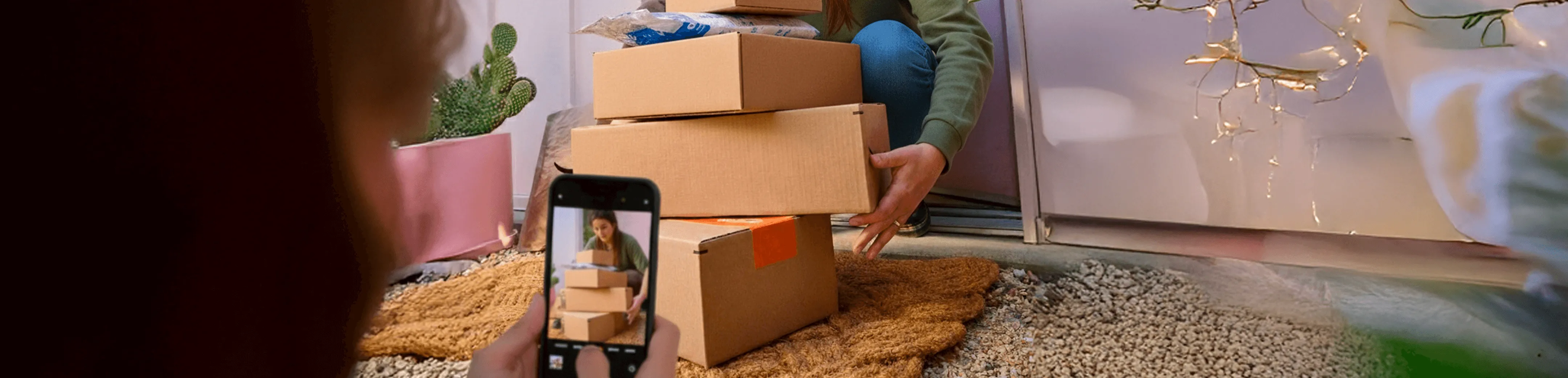 Une personne prend en photo une autre personne transportant plusieurs cartons empilés devant une porte d'entrée.