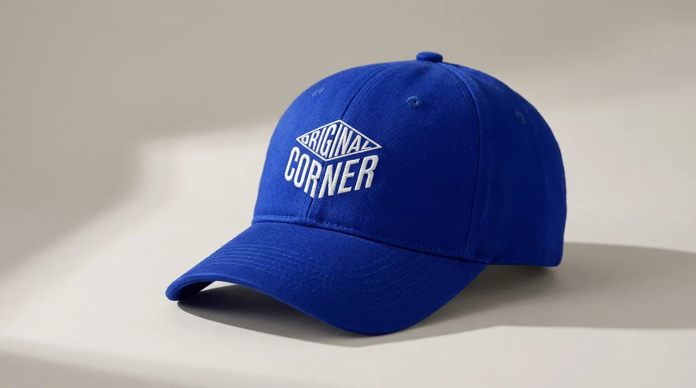Casquette bleue avec texte blanc brodé « Original Corner » sur le devant.