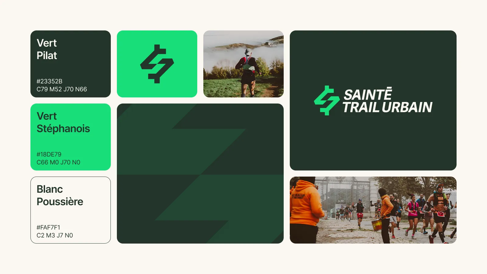 Palette de couleurs vert foncé, vert clair et blanc avec codes hexadécimaux, logo vert et noir de Sainte Trail Urbain, et photos de coureurs en plein air sur sentier et en milieu urbain.