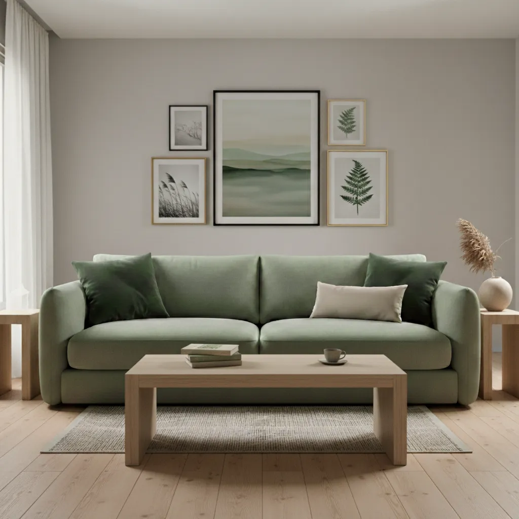 Canapé vert clair avec coussins assortis dans un salon minimaliste décoré de tableaux botaniques et d'une table basse en bois clair.