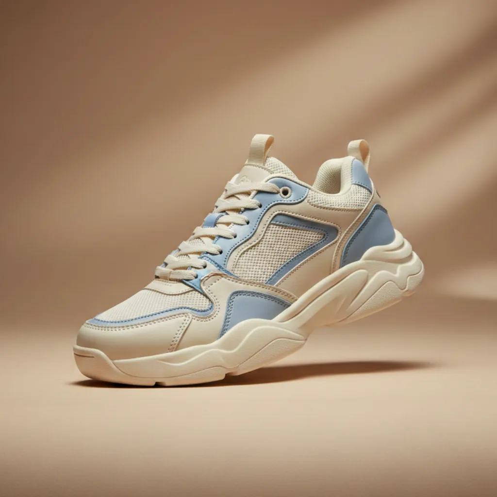 Chaussure de sport beige avec des accents bleus et une semelle épaisse, posée sur un fond beige.