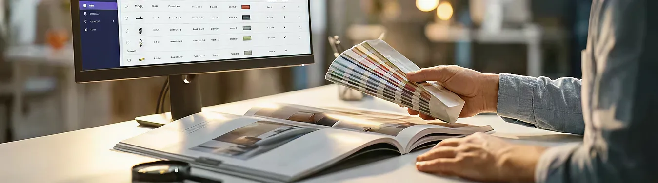 Personne tenant un nuancier de couleurs près d'un ordinateur avec un catalogue ouvert sur un bureau.