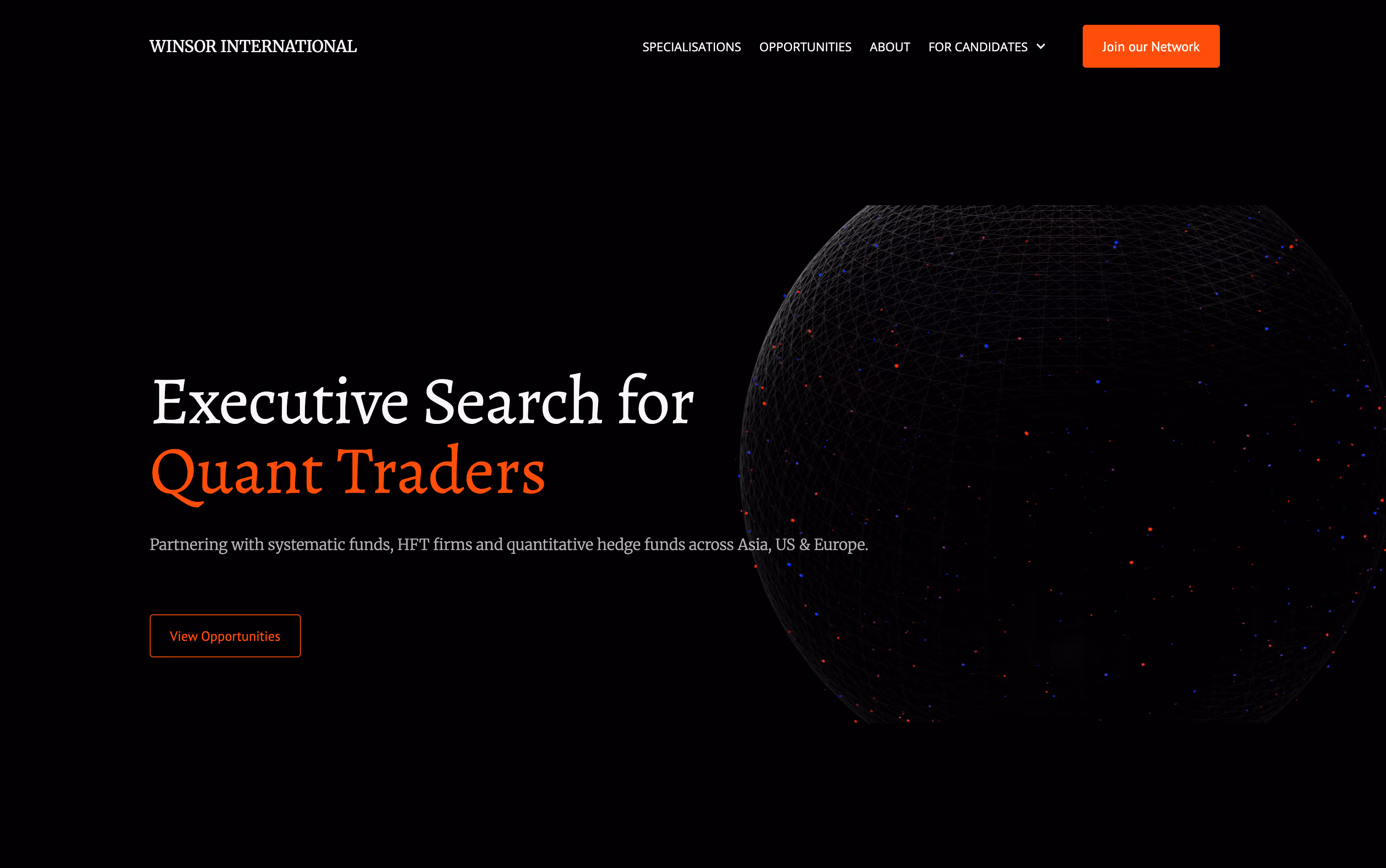 Website homepage header with text 'Executive Search for Quant Traders' and navigation menu on black background, featuring a network sphere graphic.