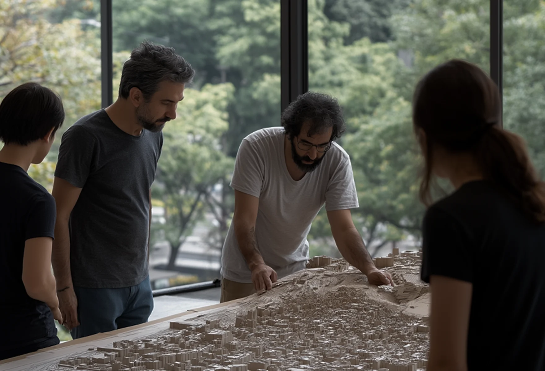 Artisans travaillant ensemble dans un atelier sur une grande maquette architecturale, ajustant les détails avec précision.