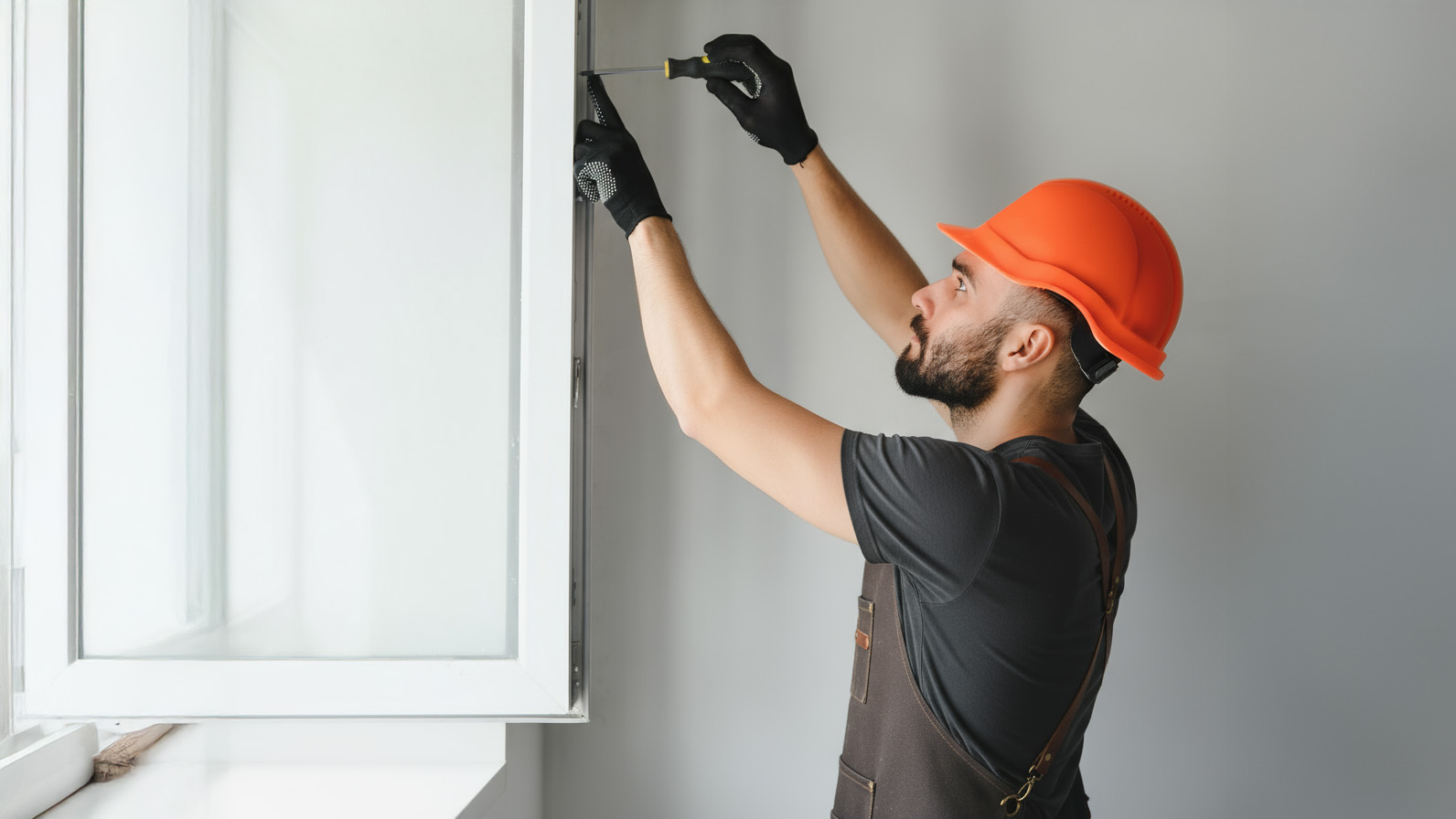 Installateur portant un casque et des gants fixant un meuble mural lors de la phase finale d’un projet d’aménagement intérieur.