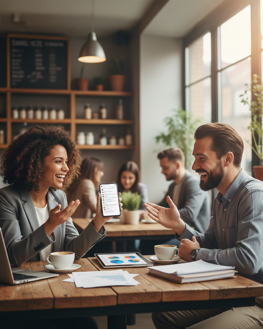 Two colleagues smiling and discussing work at a cafe table with coffee, papers, a laptop, and a tablet displaying charts.
