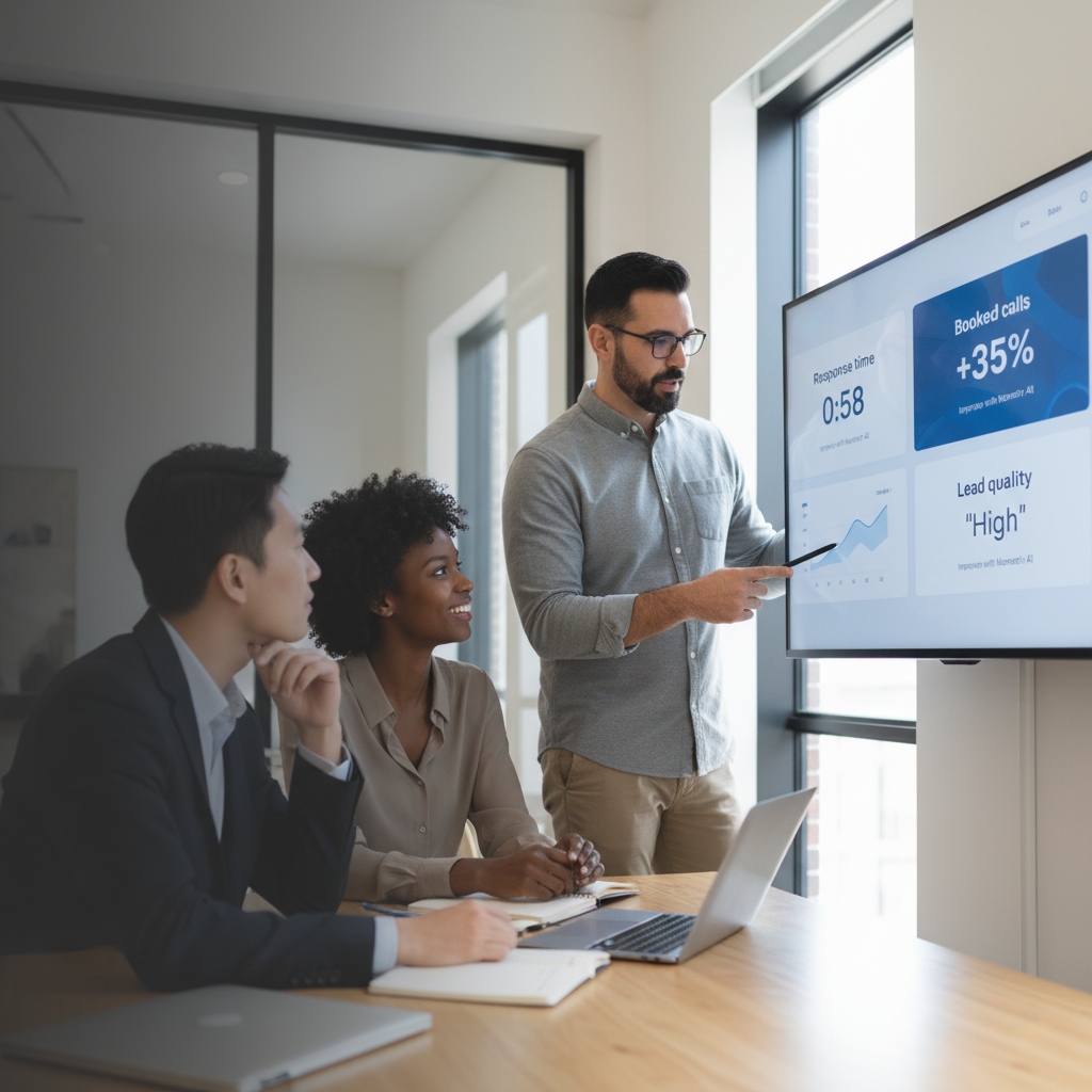 Man in glasses pointing at screen displaying AI campaign results while two colleagues listen attentively.