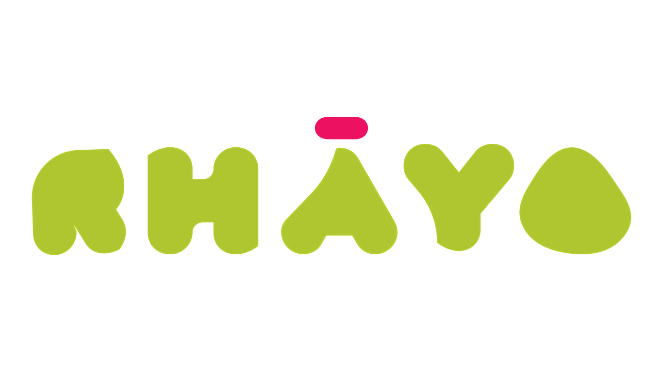 Logo text 'RHĀYO' in bold, rounded, green letters with a red macron above the A.