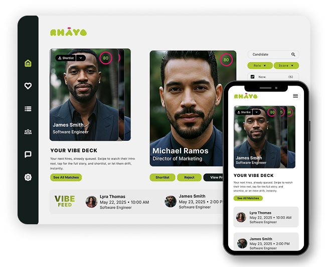User interface of Rhayo hiring platform showing candidate profiles with photos, names, roles, vibe scores, filters for role and score, and options to shortlist or reject.