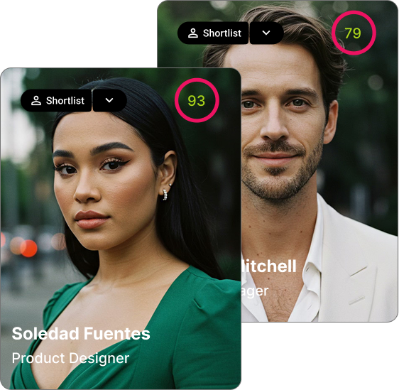 Profile cards of Soledad Fuentes, Product Designer, and Brian Mitchell, Manager, both with shortlist dropdowns and scores 93 and 79.