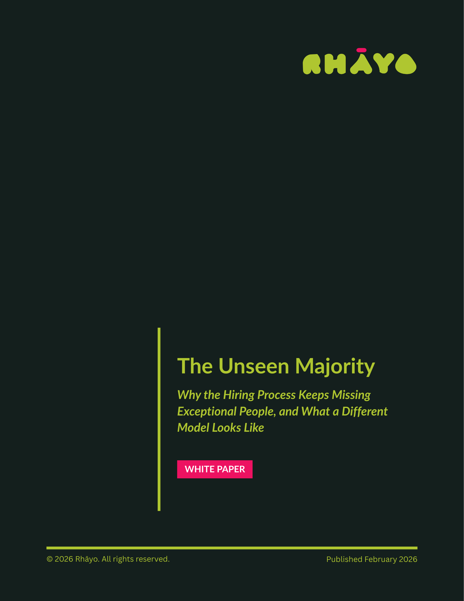 Cover page titled 'The Unseen Majority' about hiring processes, with a white paper button and Rhāyo logo on a dark background.