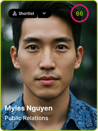 Portrait of Myles Nguyen with short black hair, wearing a blue patterned shirt, labeled Public Relations with a score of 86 and a Shortlist button.