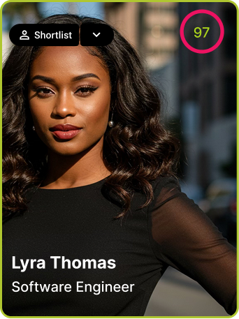 Portrait of Lyra Thomas, a software engineer, with a high rating score of 97 displayed in a pink circle.