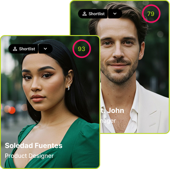Profile photos of Soledad Fuentes, product designer, and Brett John, product manager, with scores 93 and 79.