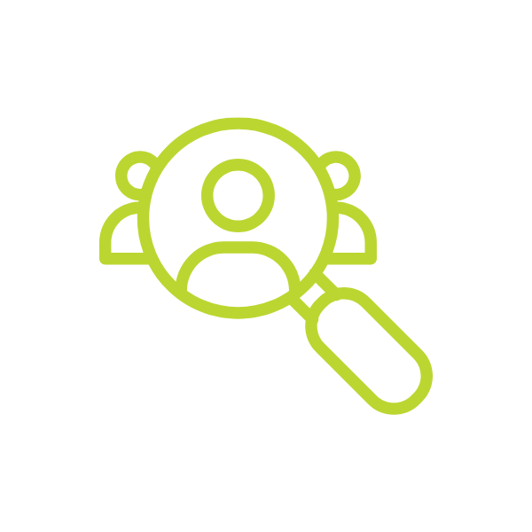 Green line icon of a magnifying glass over a person, with two people figures behind.