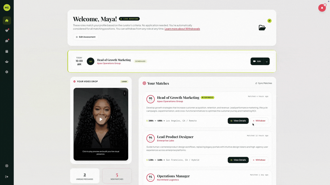 Dashboard showing Maya’s role matches with job details, video preview, unread messages, and new matches.