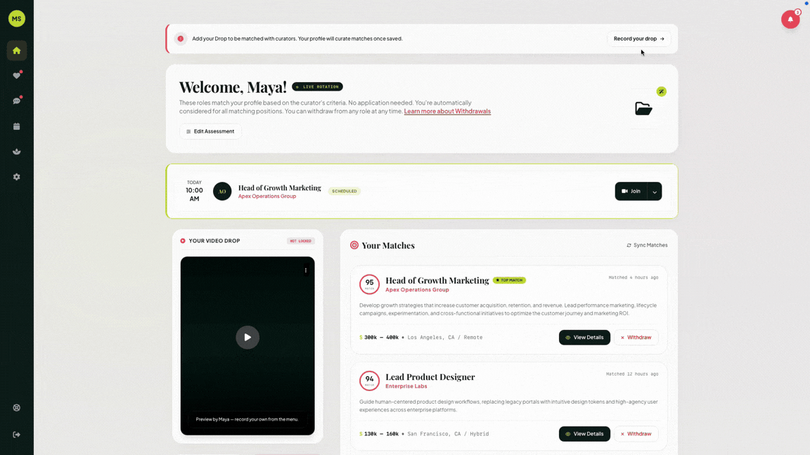 Dashboard showing job matches, video drop upload, and Head of Growth Marketing role for Maya.