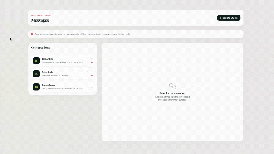 User selects messages from three curators in a messaging app interface and views their conversations.