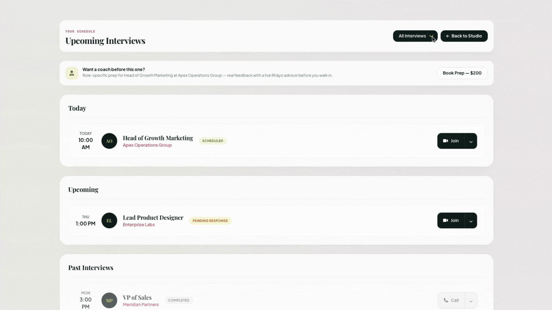 Candidate interview schedule showing upcoming, today, and past interviews with join or call options.