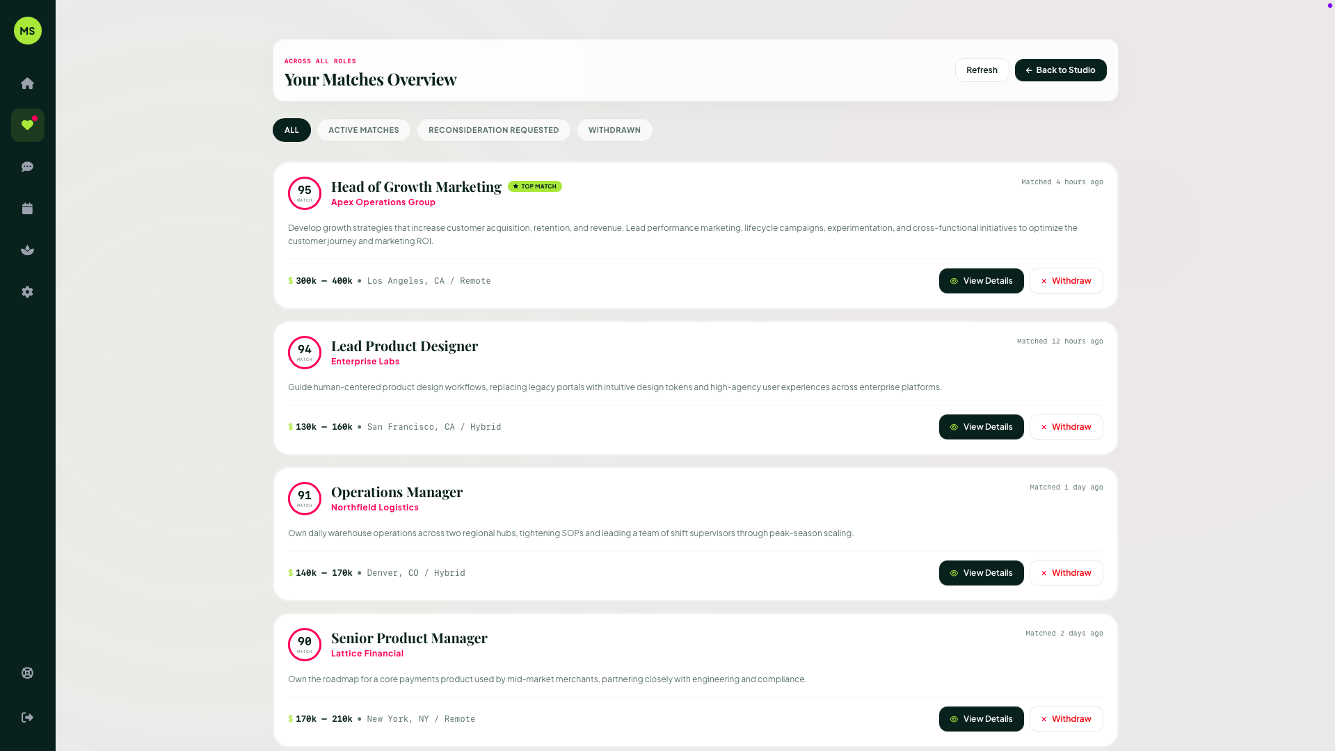 Dashboard listing job matches with role titles, companies, scores, locations, and action buttons for details or withdrawal.