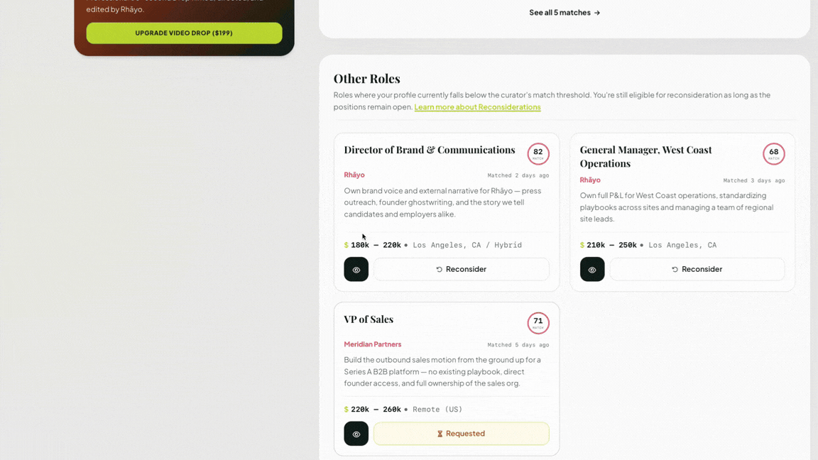 Job role cards showing Director, General Manager, and VP with salaries and reconsideration options.